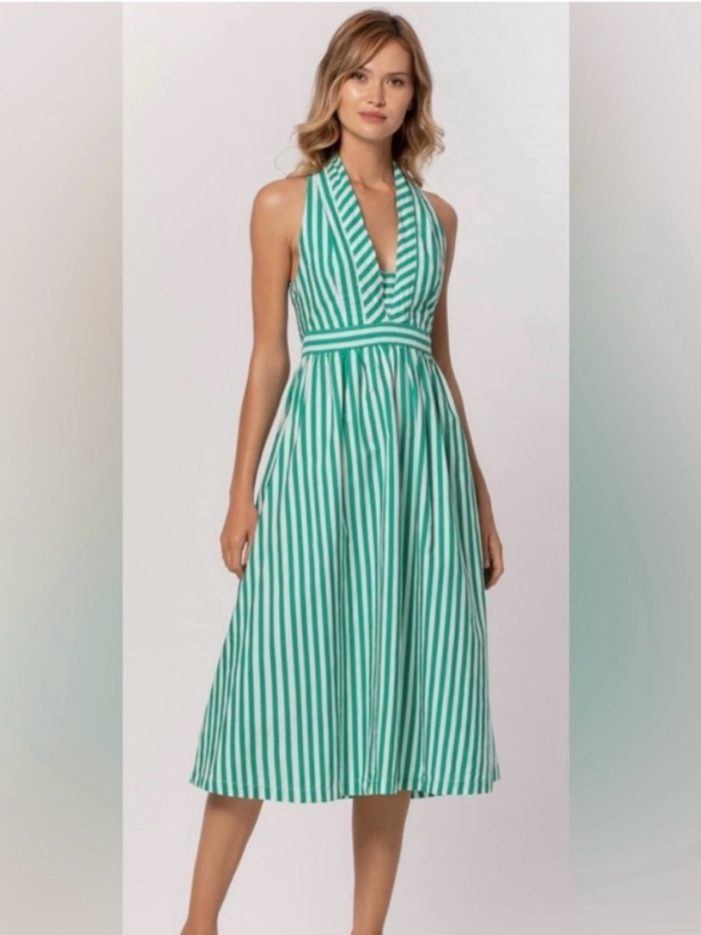 lusana Cynthia green & white stripe summer dress MEDIUM